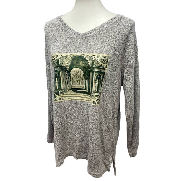 Hand Printed Womens Large Upcycled Architecture Columns Castle Long Slv Sweater - Picture 1 of 6